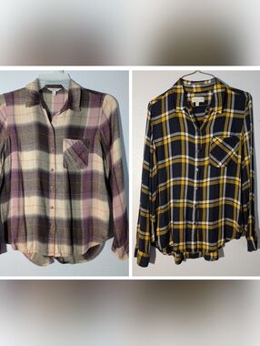 Lucky Brand Plaid Button-Up in Purple, Cream & Navy with Yellow Accents Lot Of 2